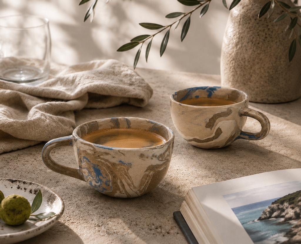 Handmade marbled ceramic espresso cups filled with coffee on a coastal-inspired stone table