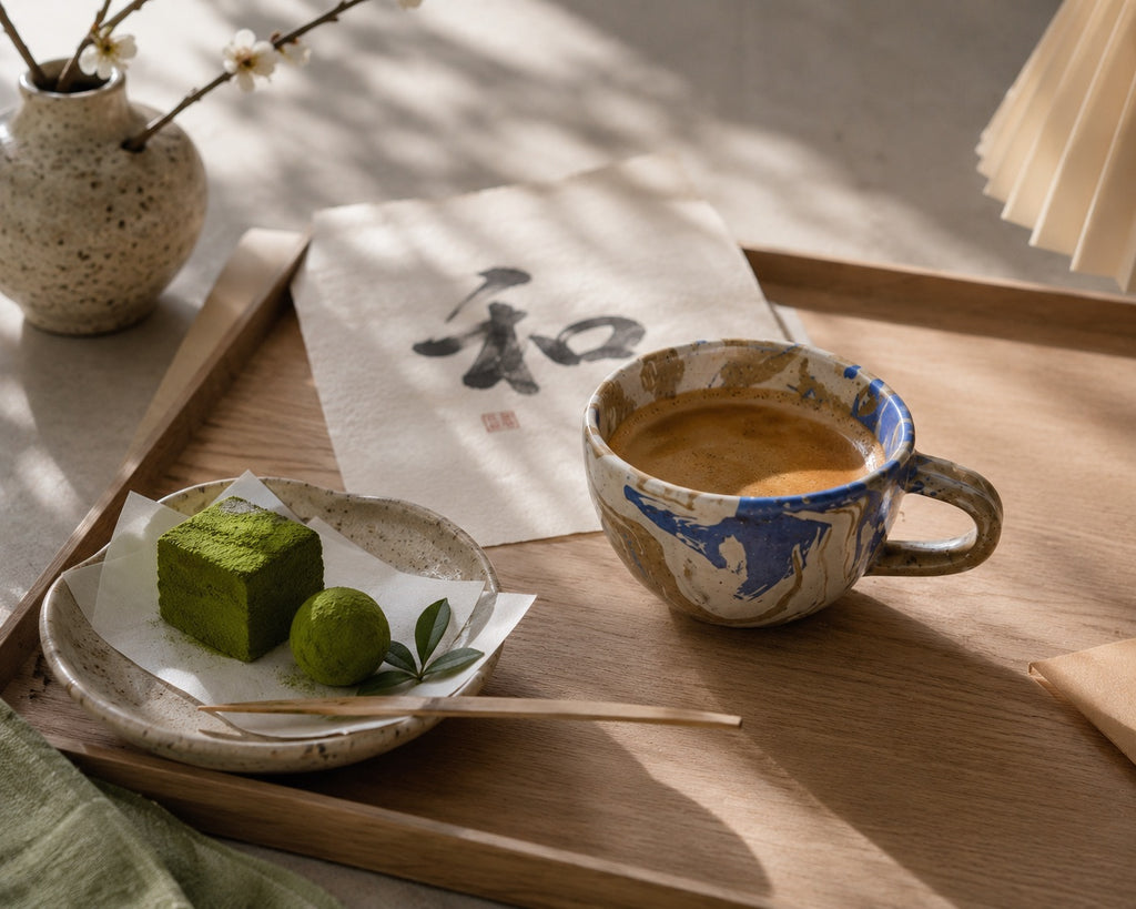 Handmade ceramic espresso cups styled with matcha sweets on a wooden tray