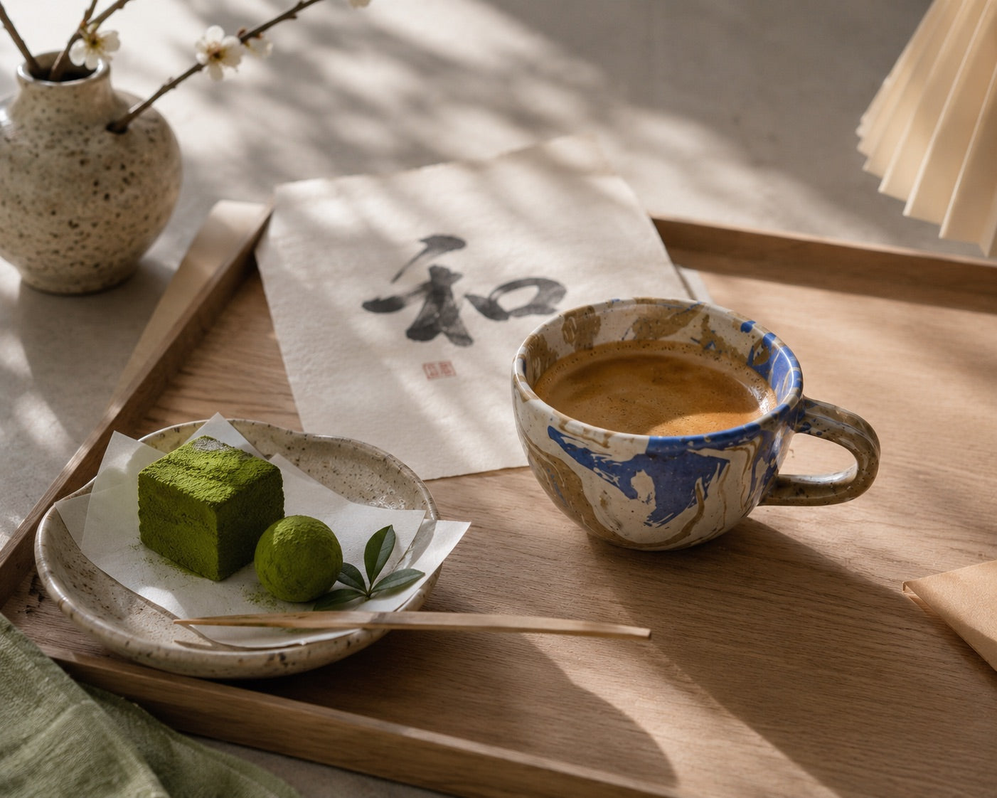 Handmade ceramic espresso cups styled with matcha sweets on a wooden tray