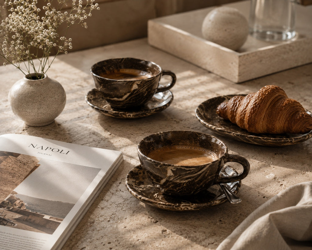 Two ceramic coffee cups with saucers, a croissant, and a magazine on a textured surface.